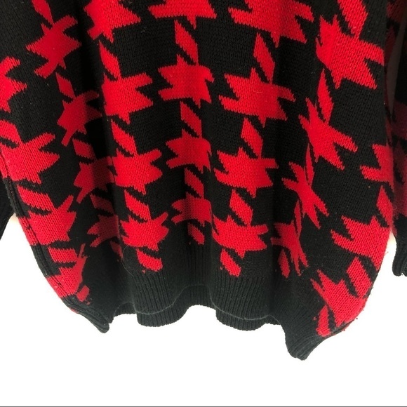 Vintage Oversized Jumbo Houndstooth Sweater Preppy V Neck Red Black Medium - Picture 3 of 9